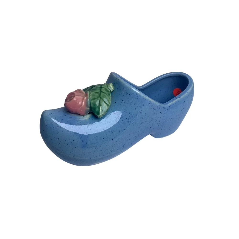 Vintage Blue Speckled Ceramic Dutch Clog Shoe Figurine Pink Rose Floral Planter